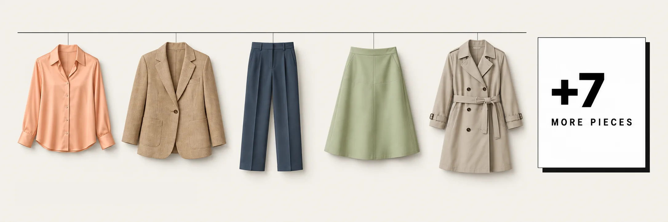 Five pieces from the example capsule hanging on a rail: a warm peach silk blouse, a tan linen blazer, soft navy tailored trousers, a light moss green A-line skirt and a light stone trench coat, with a count of seven more