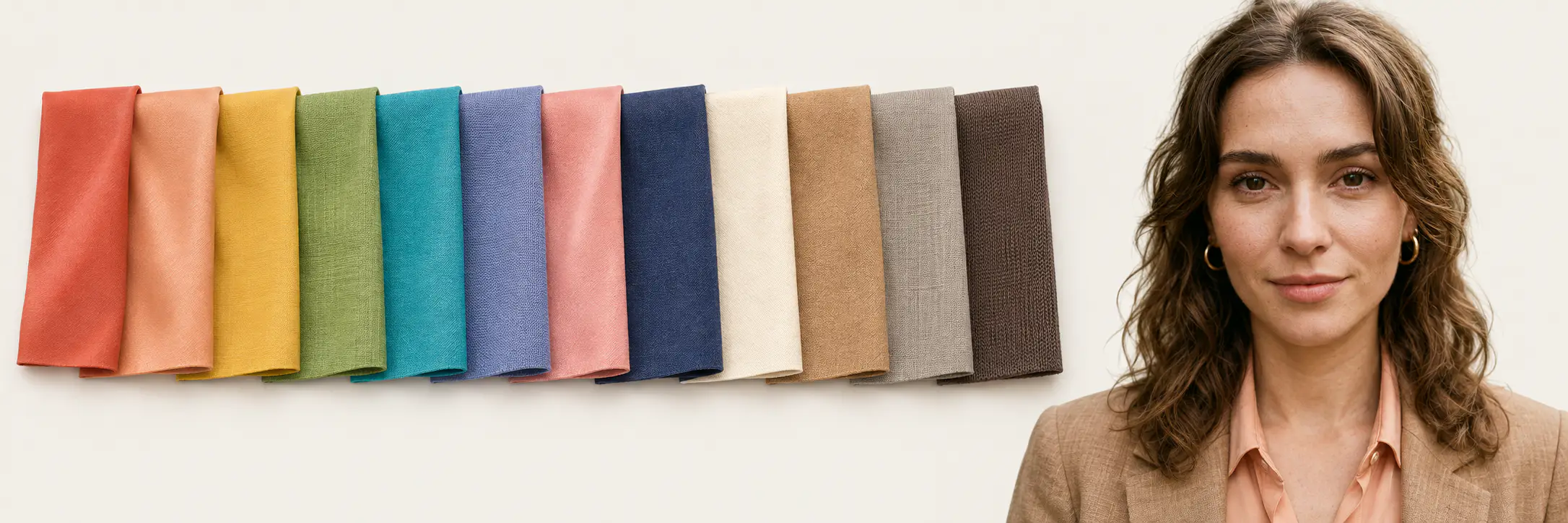 Twelve folded fabric swatches in a row on warm paper, the example palette in order: coral, warm peach, golden yellow, apple green, turquoise, periwinkle, salmon pink, light navy, warm ivory, camel, warm grey and warm brown. At the right, the example portrait wearing two of its pieces, a warm peach silk blouse under a tan linen blazer