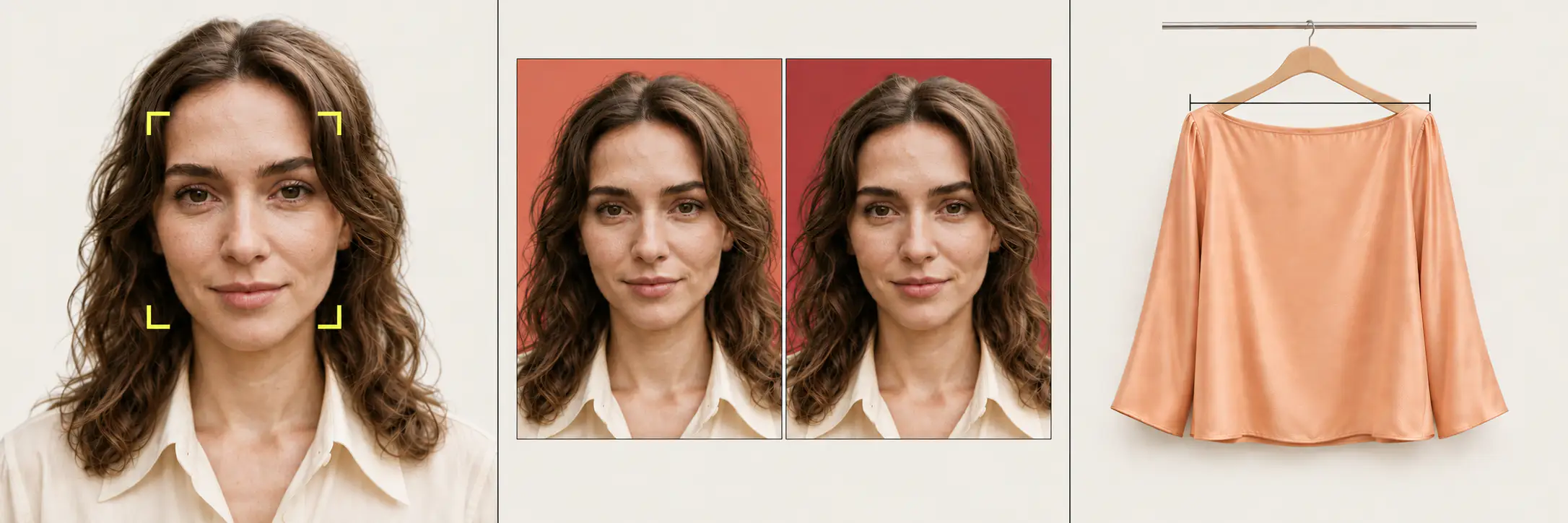 Three panels. Left, the example portrait with acid corner brackets framing the face as the face check draws them. Centre, the same portrait twice, against coral from its palette and against true red from outside it. Right, a warm peach silk blouse with a wide boat neckline on a rail, a measuring line drawn across the neckline