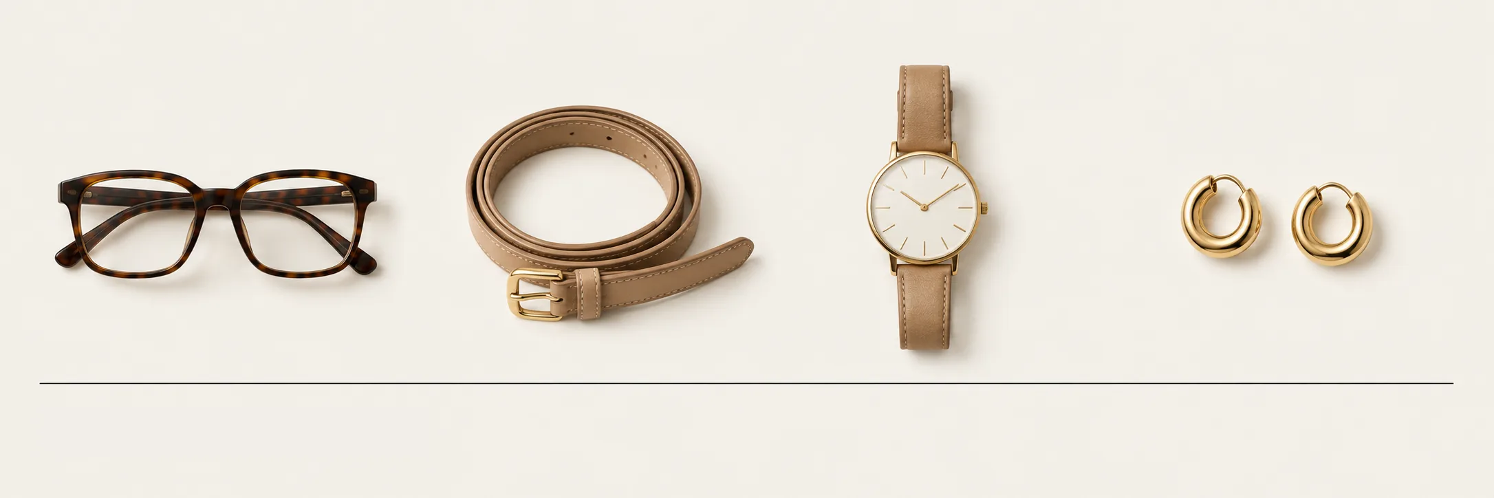 The example system's four accessories laid flat: tortoise rectangular glasses, a slim tan leather belt, a gold-tone minimalist watch and small gold huggie earrings