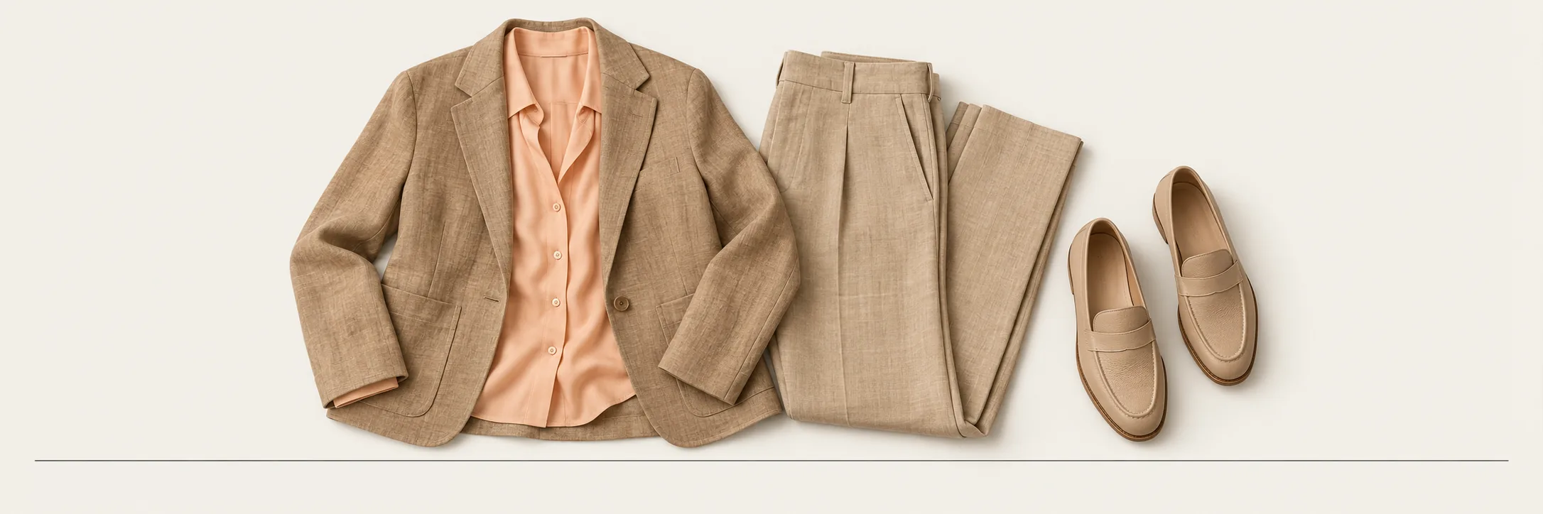 One outfit from the example system laid flat: a tan linen blazer over a warm peach silk blouse, warm beige linen trousers folded beside it, and a pair of light tan leather loafers
