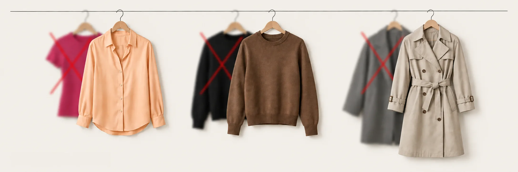 Three pairs on a rail. Behind each, out of focus and marked: a fuchsia top, a true black sweater, an oversized grey wool coat. In front, sharp: the example system's warm peach silk blouse, medium warm brown merino sweater and belted light stone trench coat